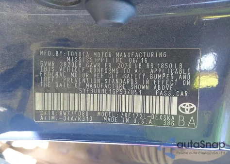 2016 Toyota Corolla S Plus from USA, damaged, VIN 5YFBURHE1GP537851